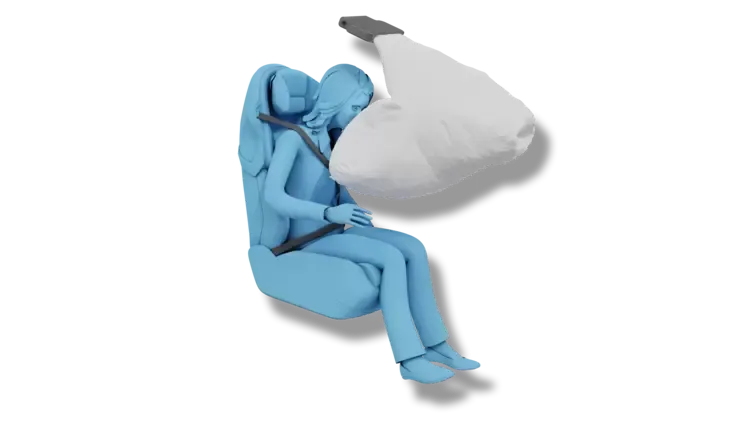Crash test dummy with deployed airbag