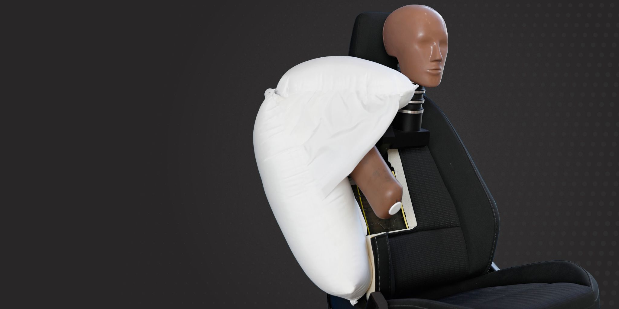 Crash test dummy with deployed side airbag