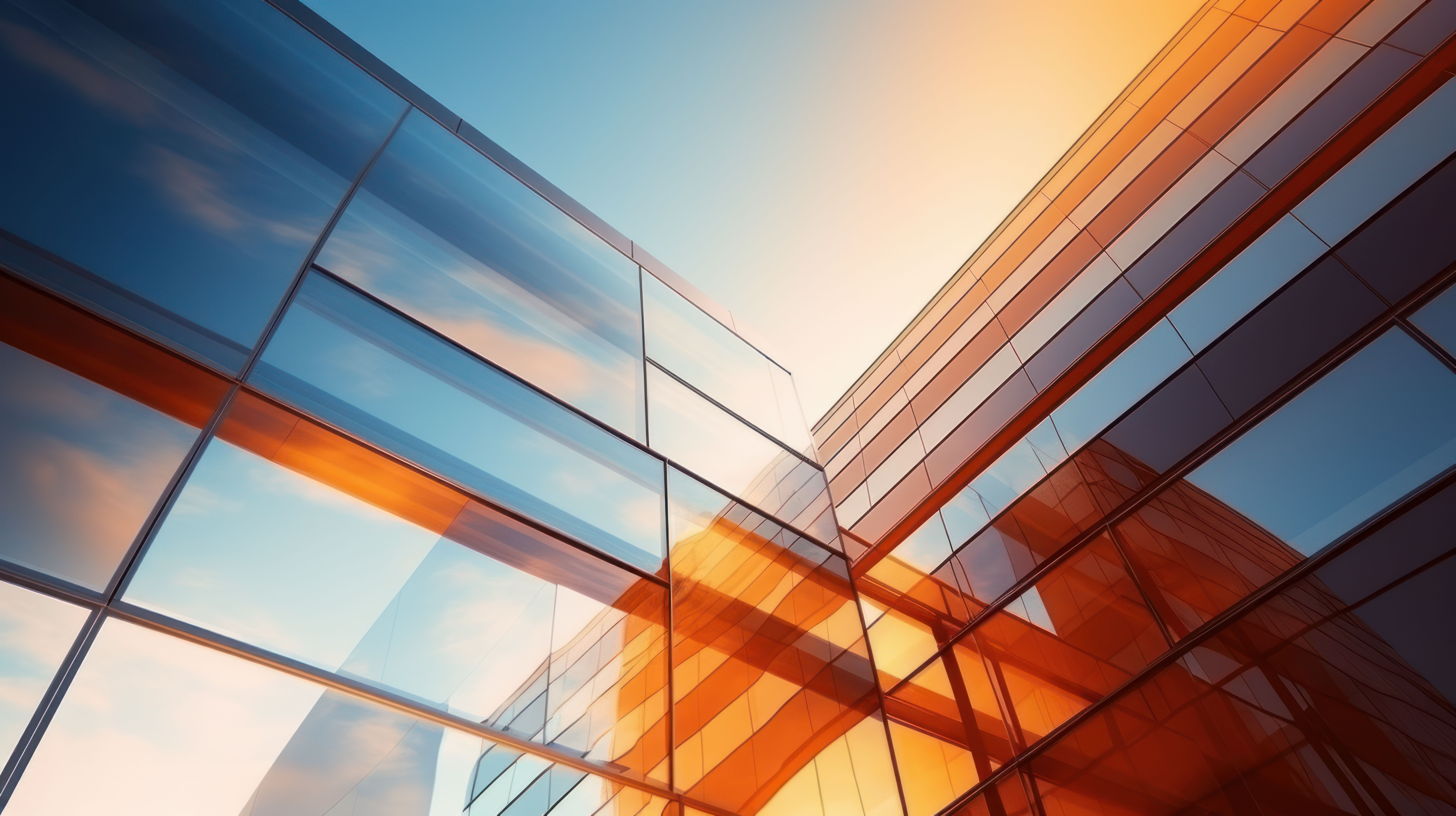 Modern office building with glass facade and sky reflection