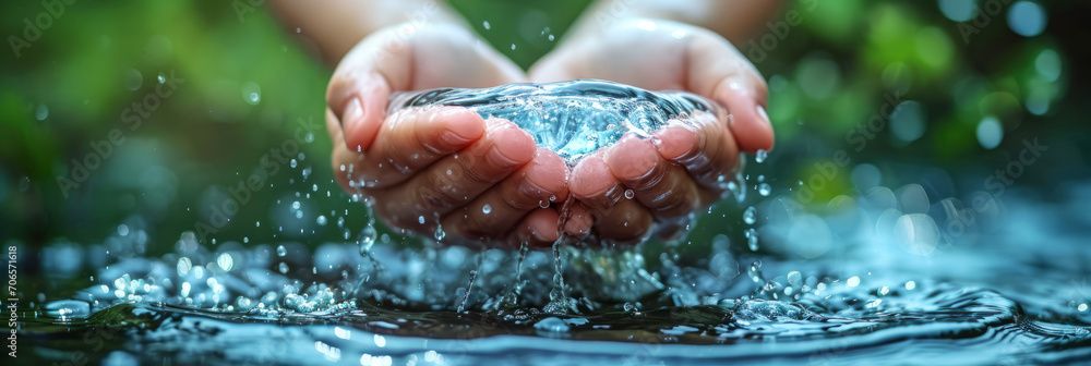 Hands holding a glass ball with water droplets