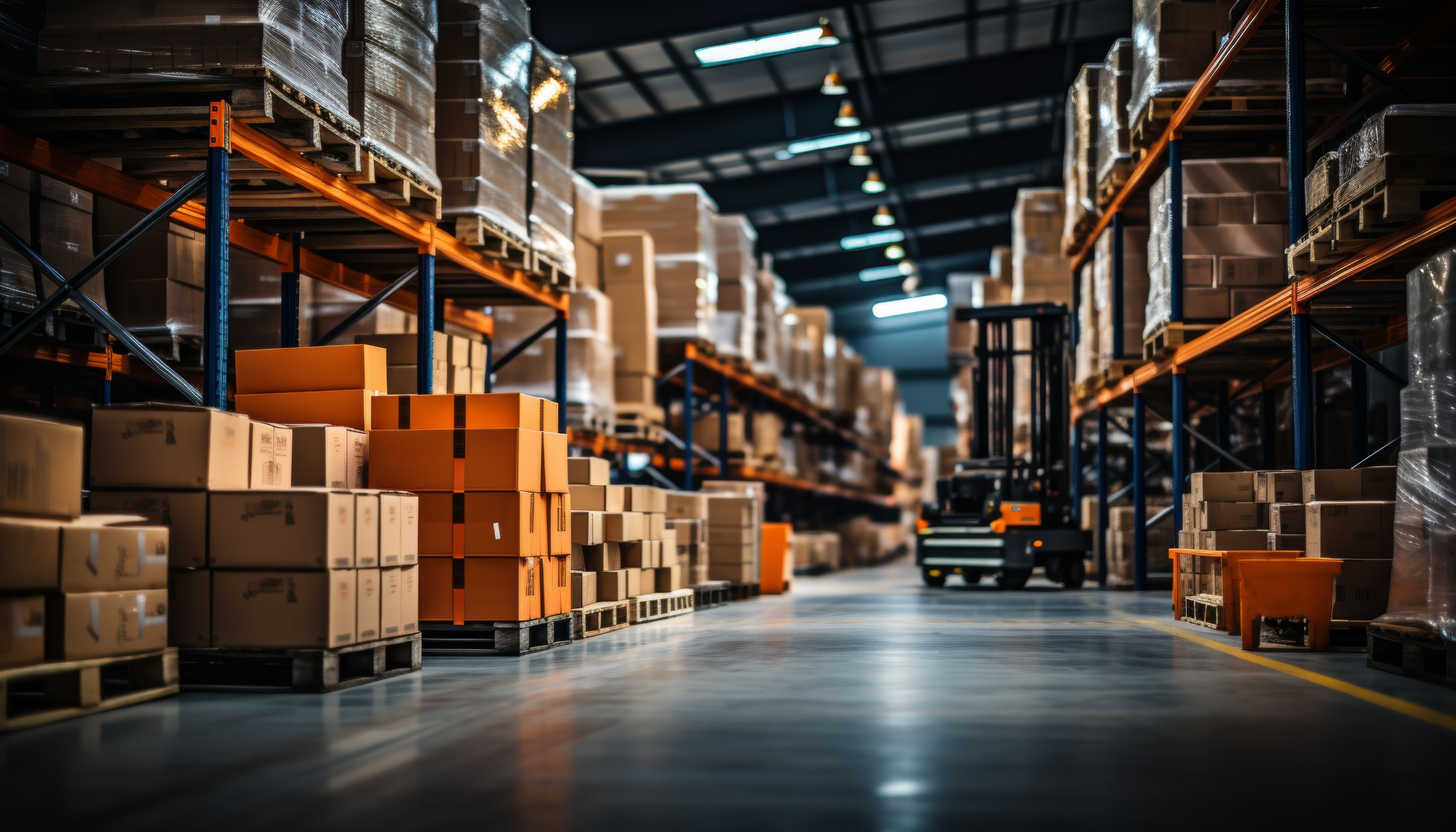 Warehouse with stacked boxes and a forklift.
