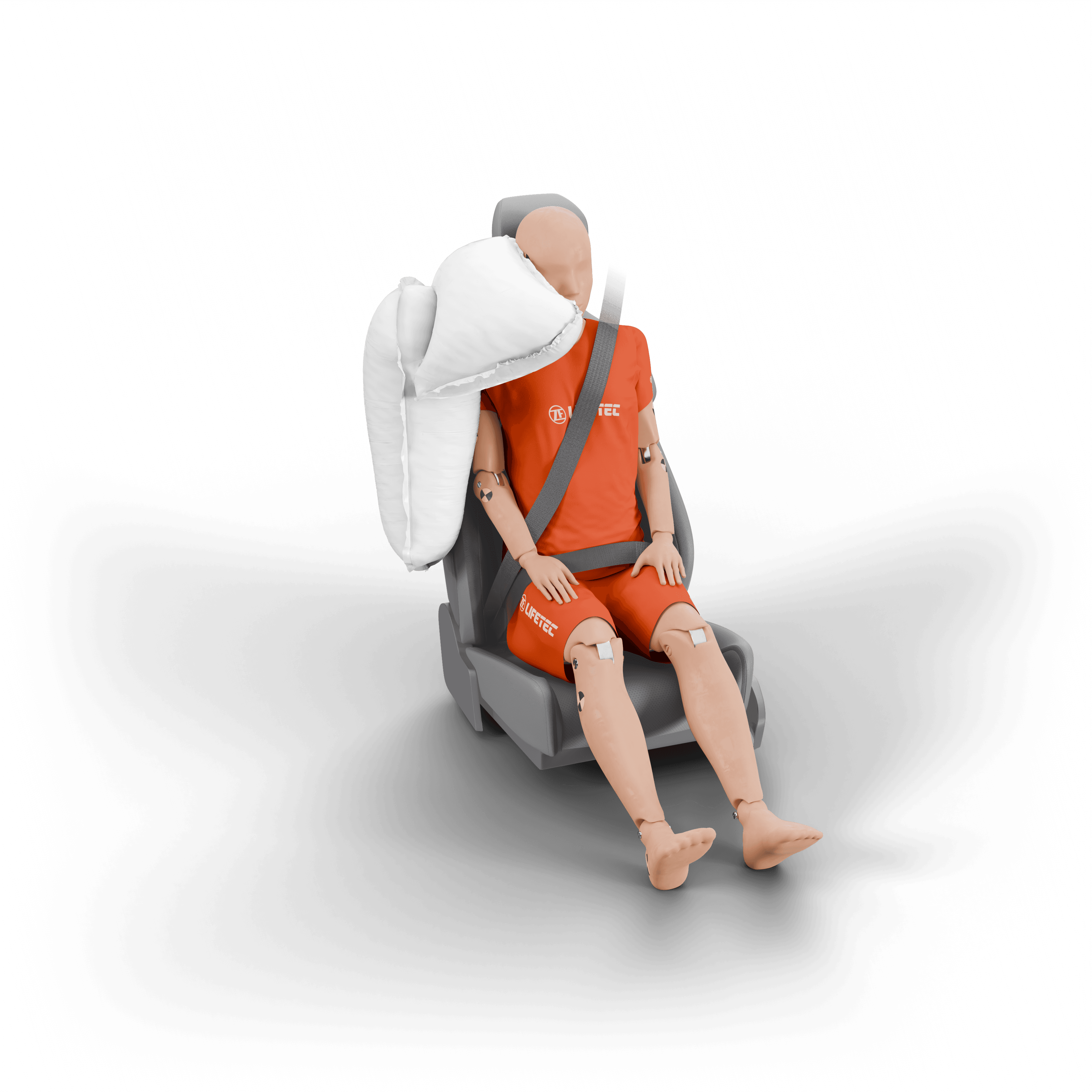 Crash test dummy with seatbelt and airbag