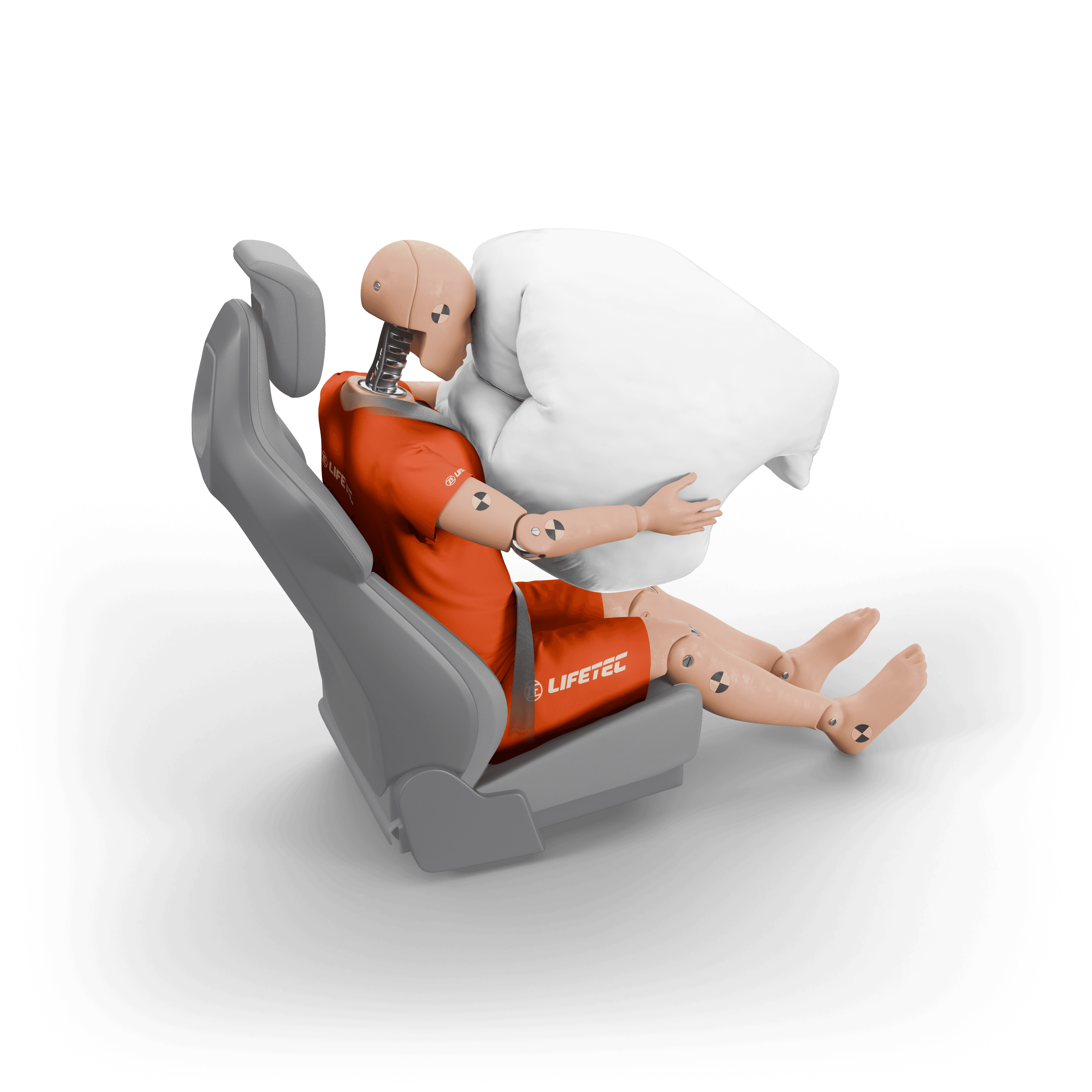 Car interior with deployed airbag and seatbelt