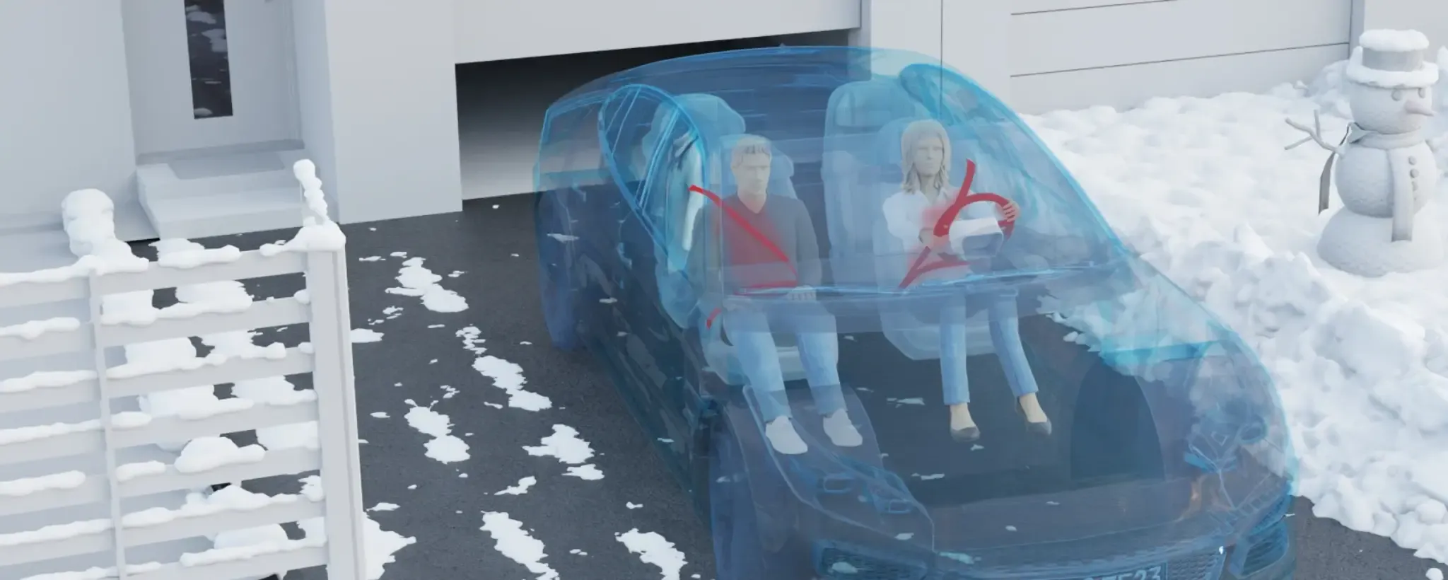Couple sitting in a car with airbags deployed