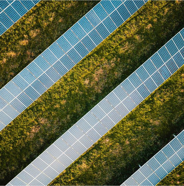 Aerial view of solar panels in a field