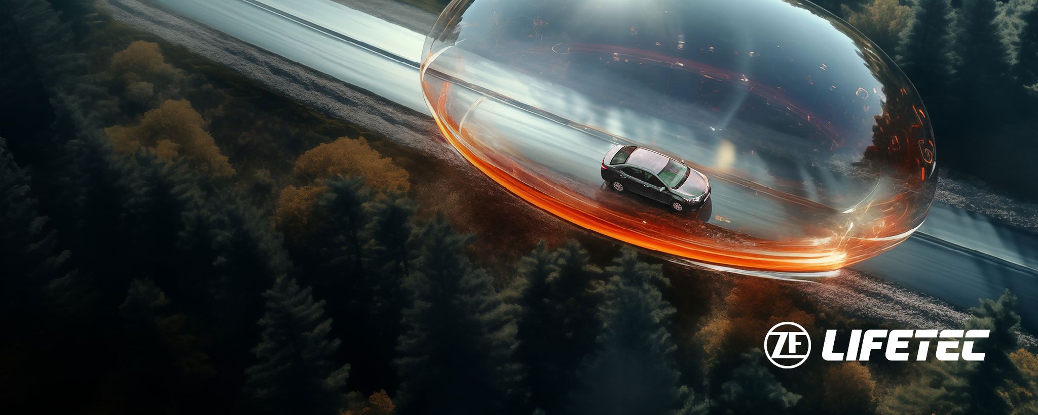 Car driving on highway, ZF Lifetec logo