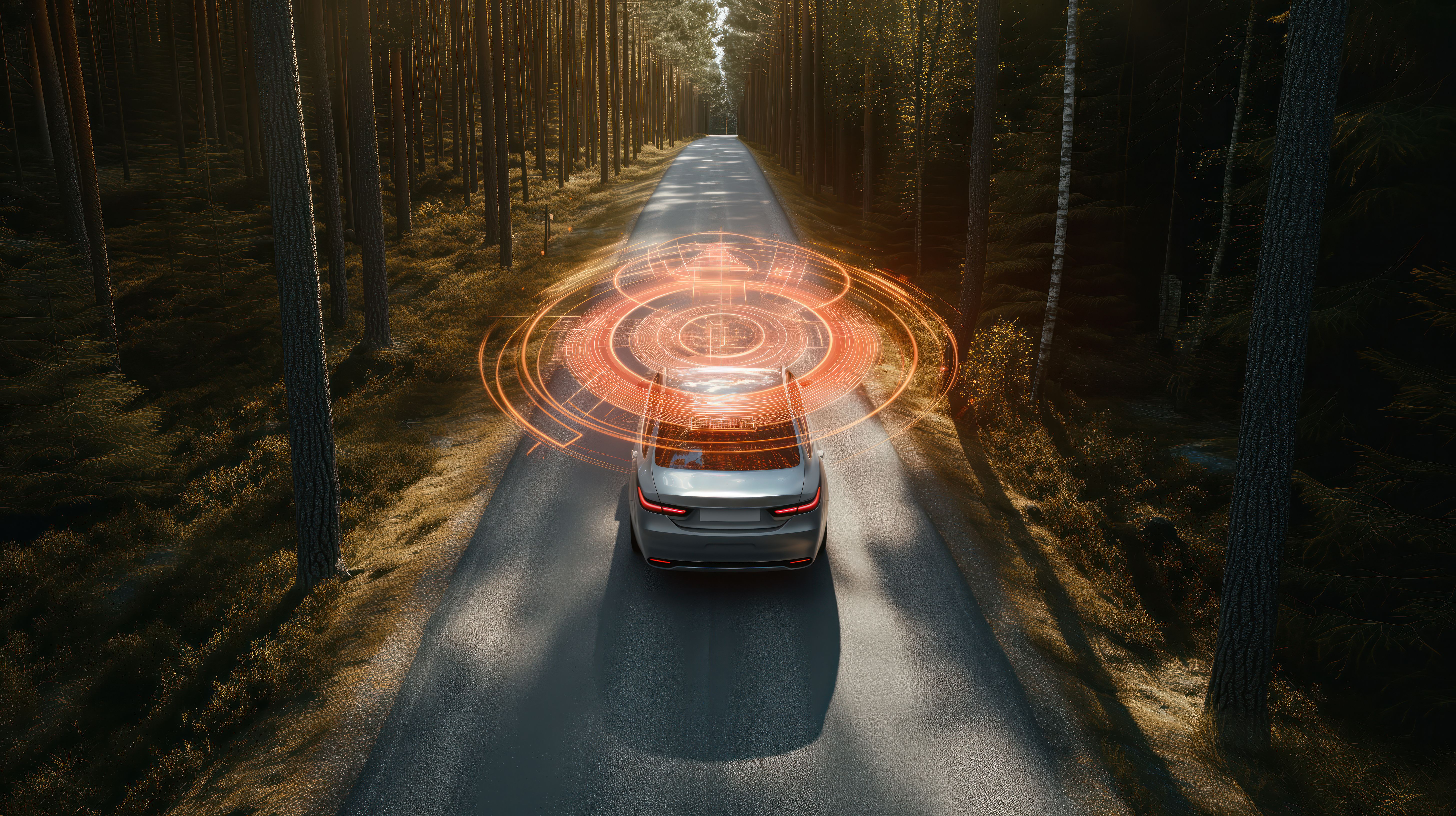 Car with radar technology driving through forest