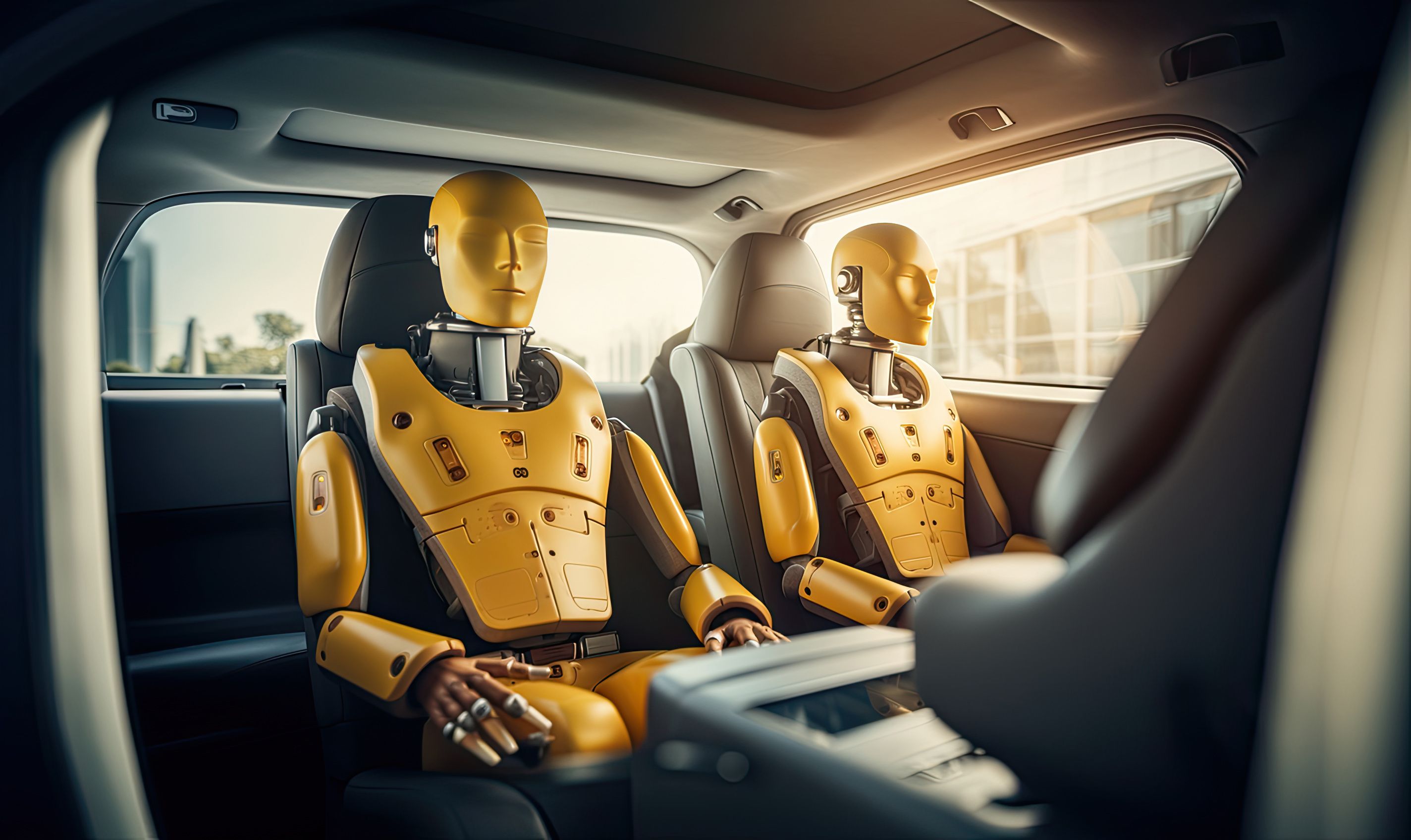 Two crash test dummies in car seats