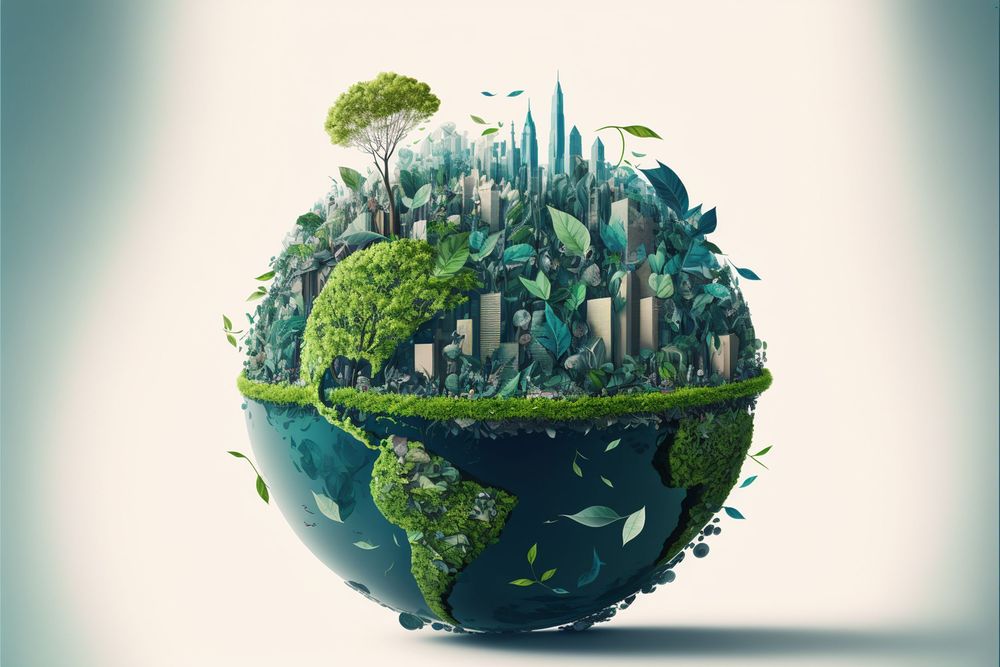 Globe with lush greenery and modern buildings symbolizing sustainability and urban development.