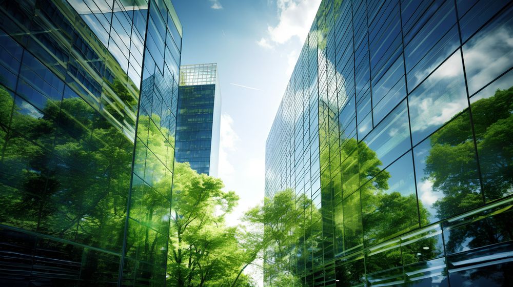 Modern office buildings with green tree reflections
