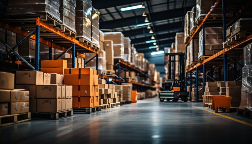 Warehouse with stacked boxes and a forklift.