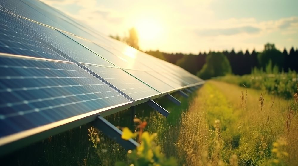 Solar panels in a field at sunset