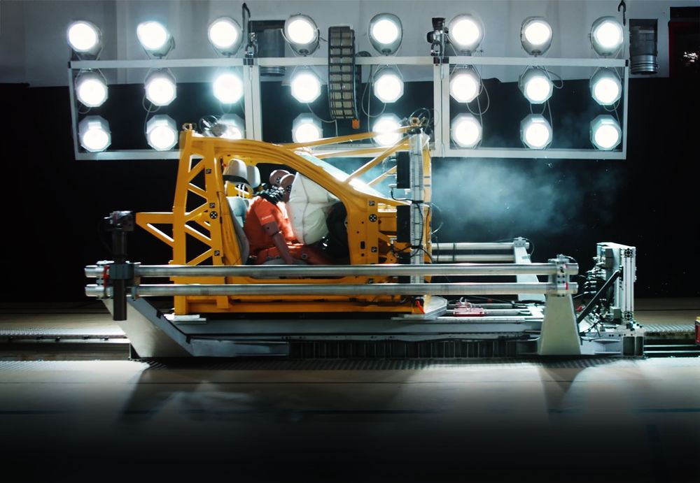 Car safety crash test with airbag deployment