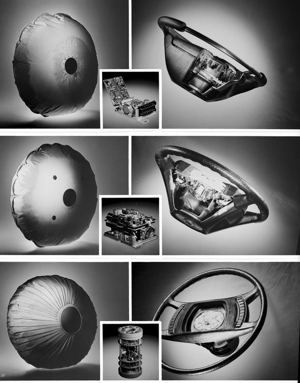 Airbag, steering wheel with control module, and inflator components