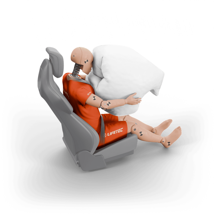 Car interior with deployed airbag and seatbelt