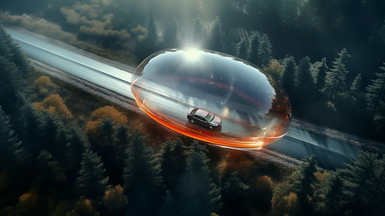 Car driving on road with safety airbag visualization