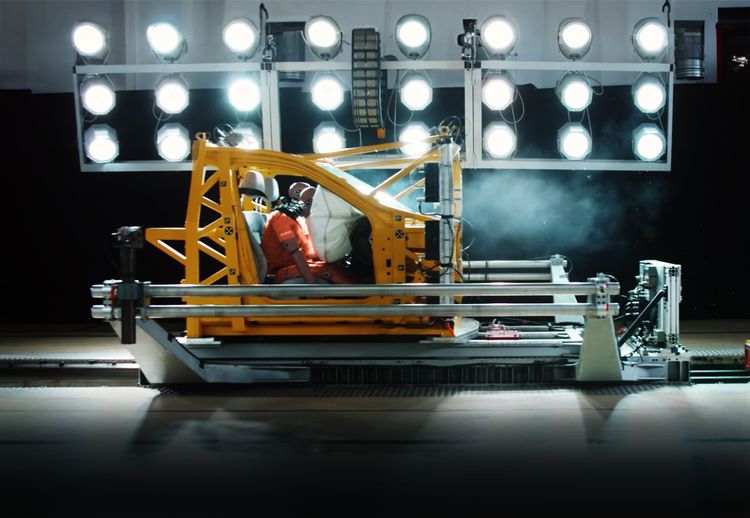 Car safety crash test with airbag deployment