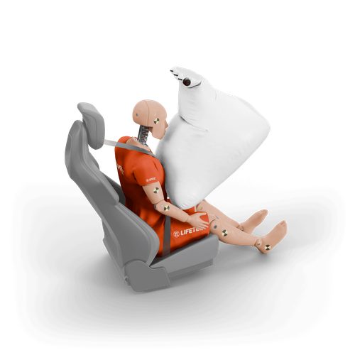 Deployed airbag in a car crash test