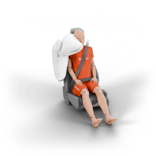 Crash test dummy with seatbelt and airbag