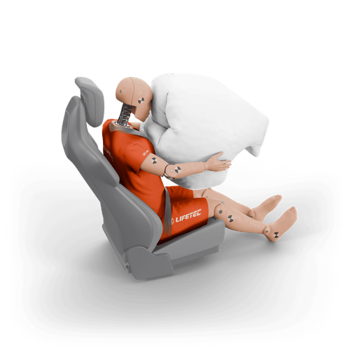 Car interior with deployed airbag and seatbelt