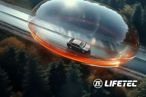 Car driving on highway with safety airbag illustration