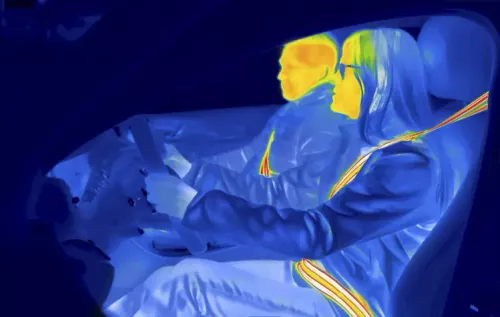Thermal image of a car interior with highlighted safety belt and airbag deployment