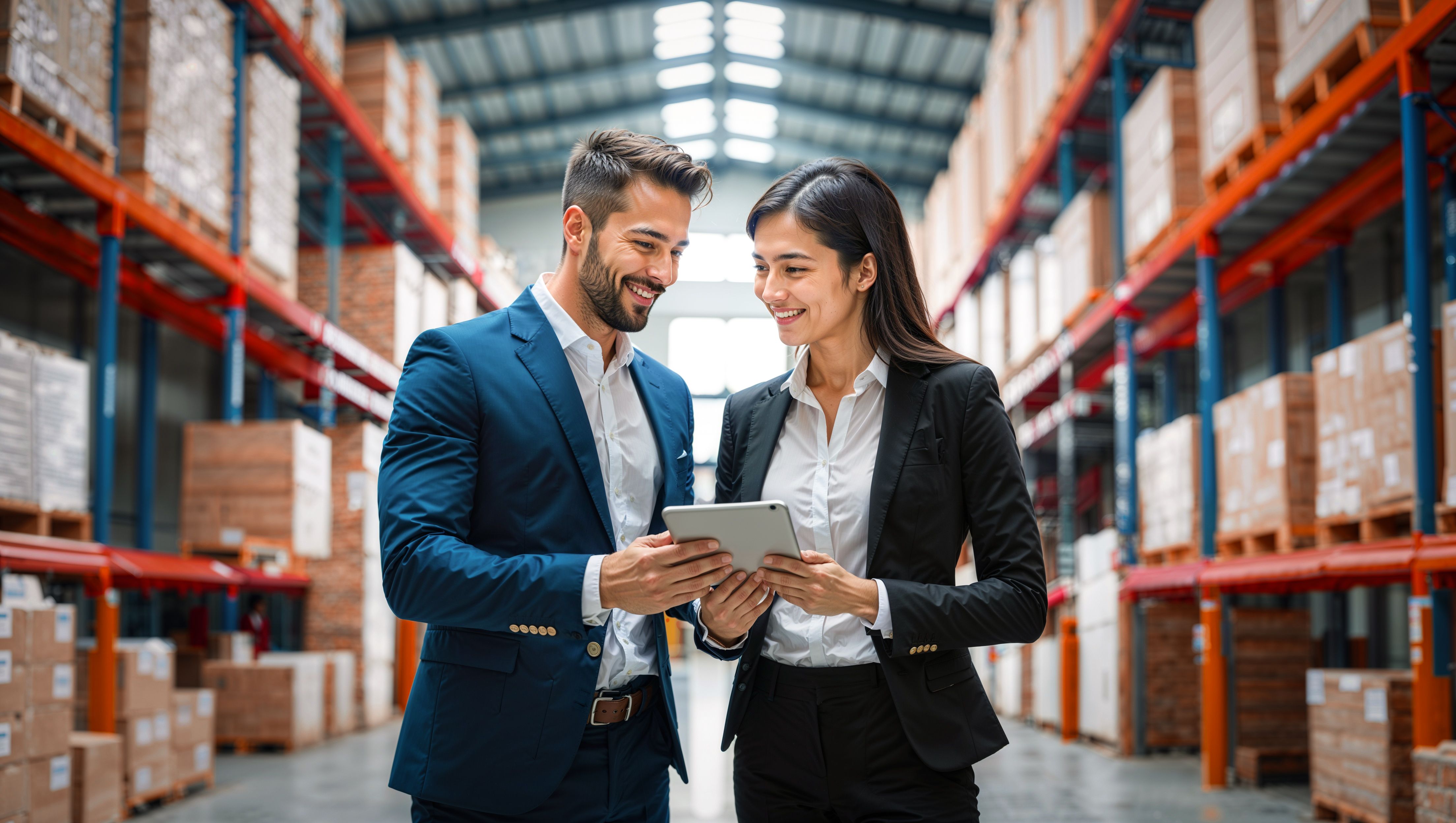 Business people in warehouse discussing on tablet